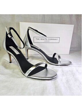 The White Company 2.75” Heel Genuine Leather Single Strap Sandal EU39 US8 Silver